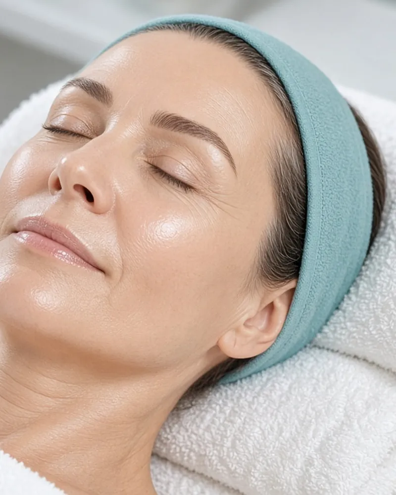 Mujer madura relajada sobre una toalla de spa con cinta en el cabello, imagen ilustrativa de cuidado facial
